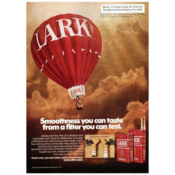 1974 Lark Cigarettes Smoothness You Can Taste Vintage Print Ad Hot Air Balloon - Picture 1 of 1
